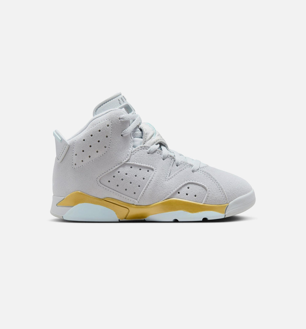 Air Jordan 6 Retro Pearl – Preschool Lifestyle Shoe in Pure Platinum/Glacier Blue/Metallic Gold