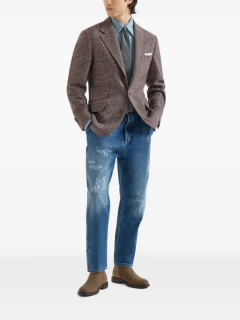 Brunello Cucinelli comfort wool and cashmere Prince of Wales flannel deconstructed Cavallo blazer