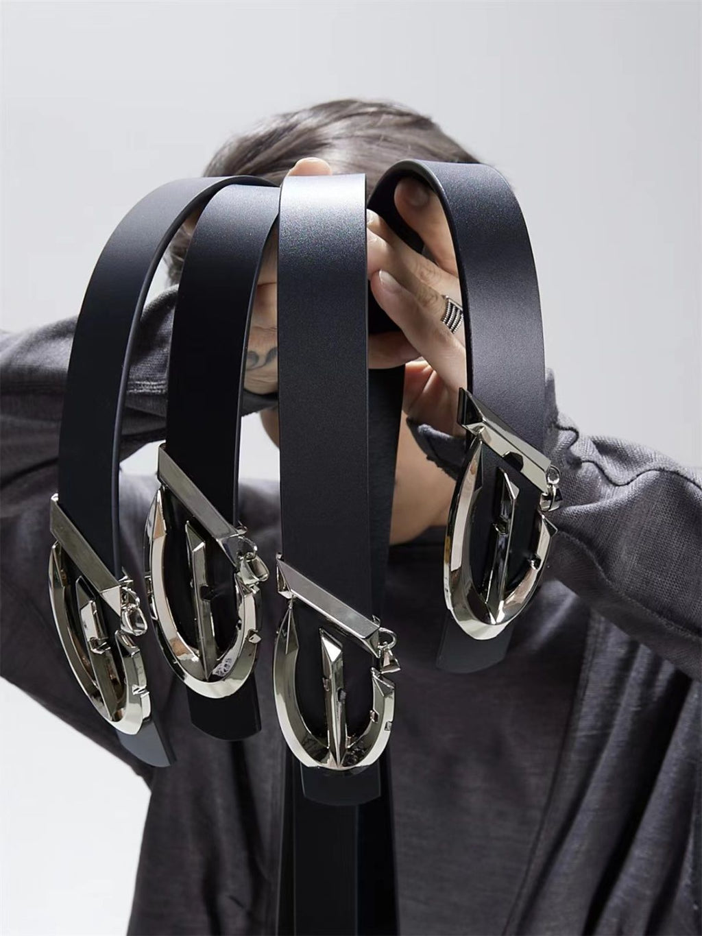 Full Grain Leather Belt Glossy Surface Pioneer Metal Buckle Waist Belt