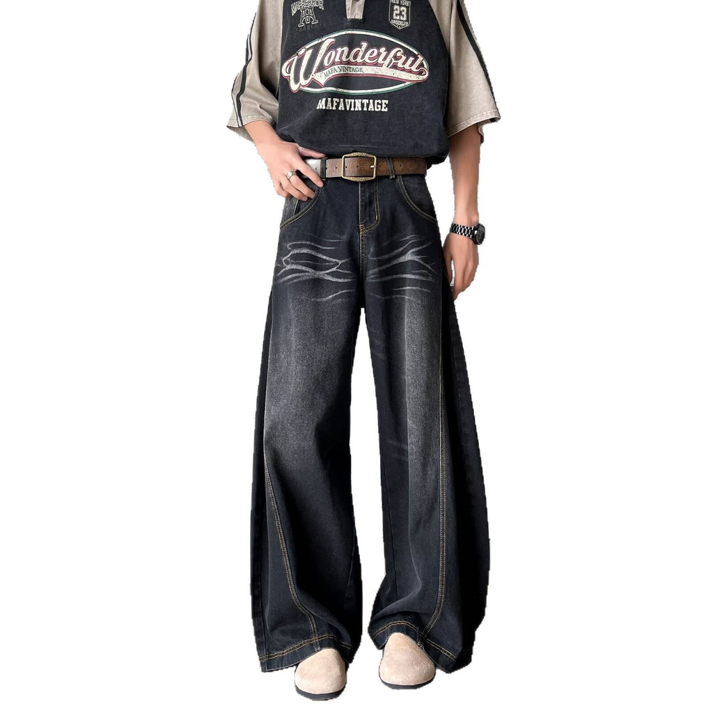 Y2K Vintage Washed Cat Whisker Curved Baggy Wide Leg Jeans Streetwear