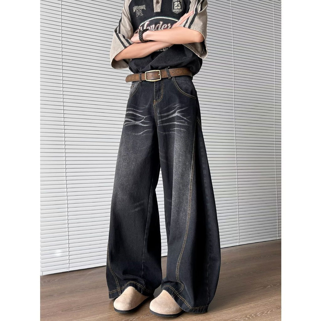 Y2K Vintage Washed Cat Whisker Curved Baggy Wide Leg Jeans Streetwear