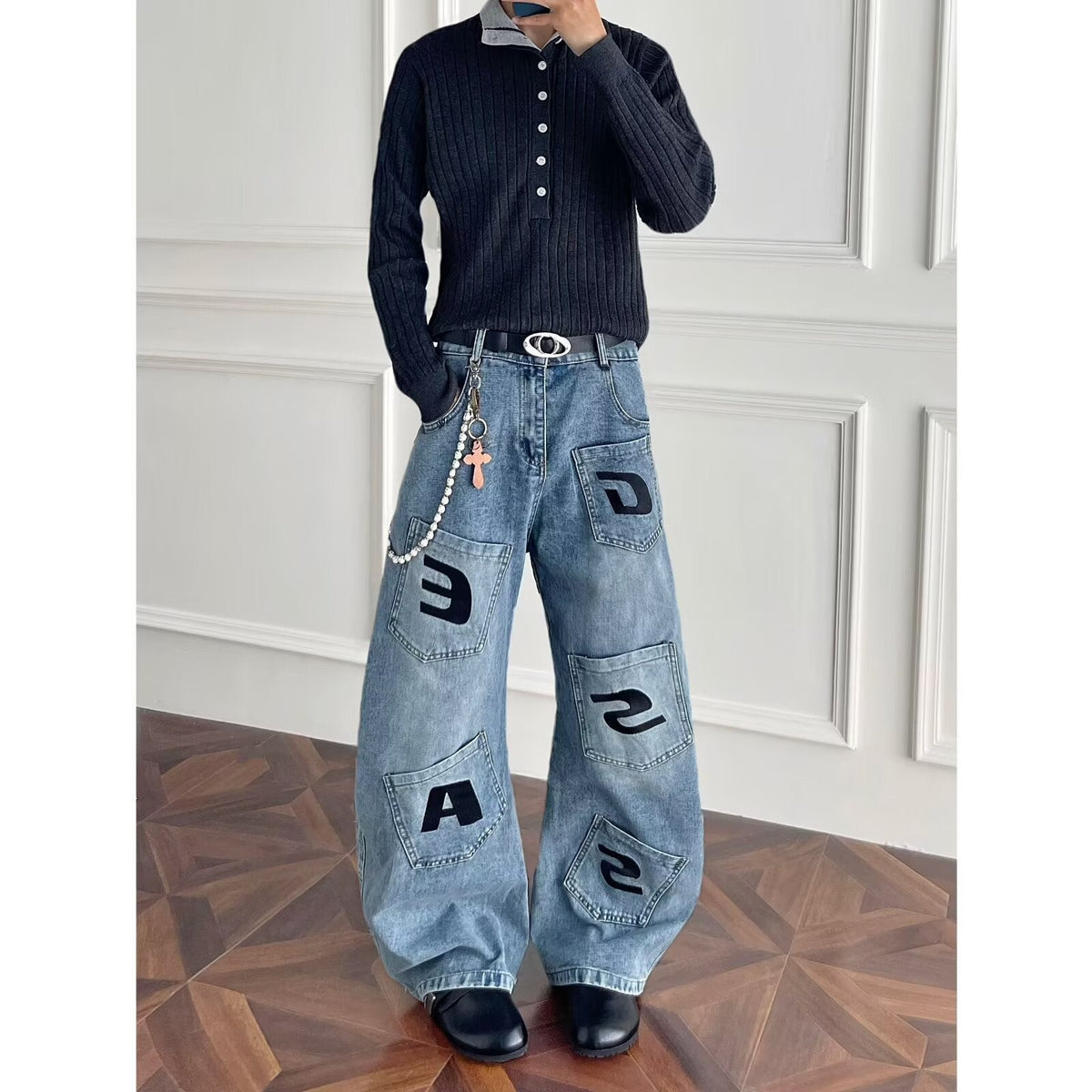 Y2K Vintage Washed Cat Whisker Curved Baggy Wide Leg Jeans Streetwear