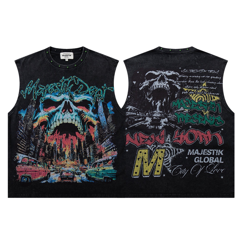 MAJESTIK New York Skull Graphic Sleeveless T-Shirt