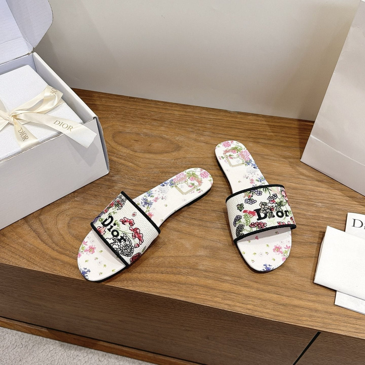 Dior Floral Embroidered Slide Sandals