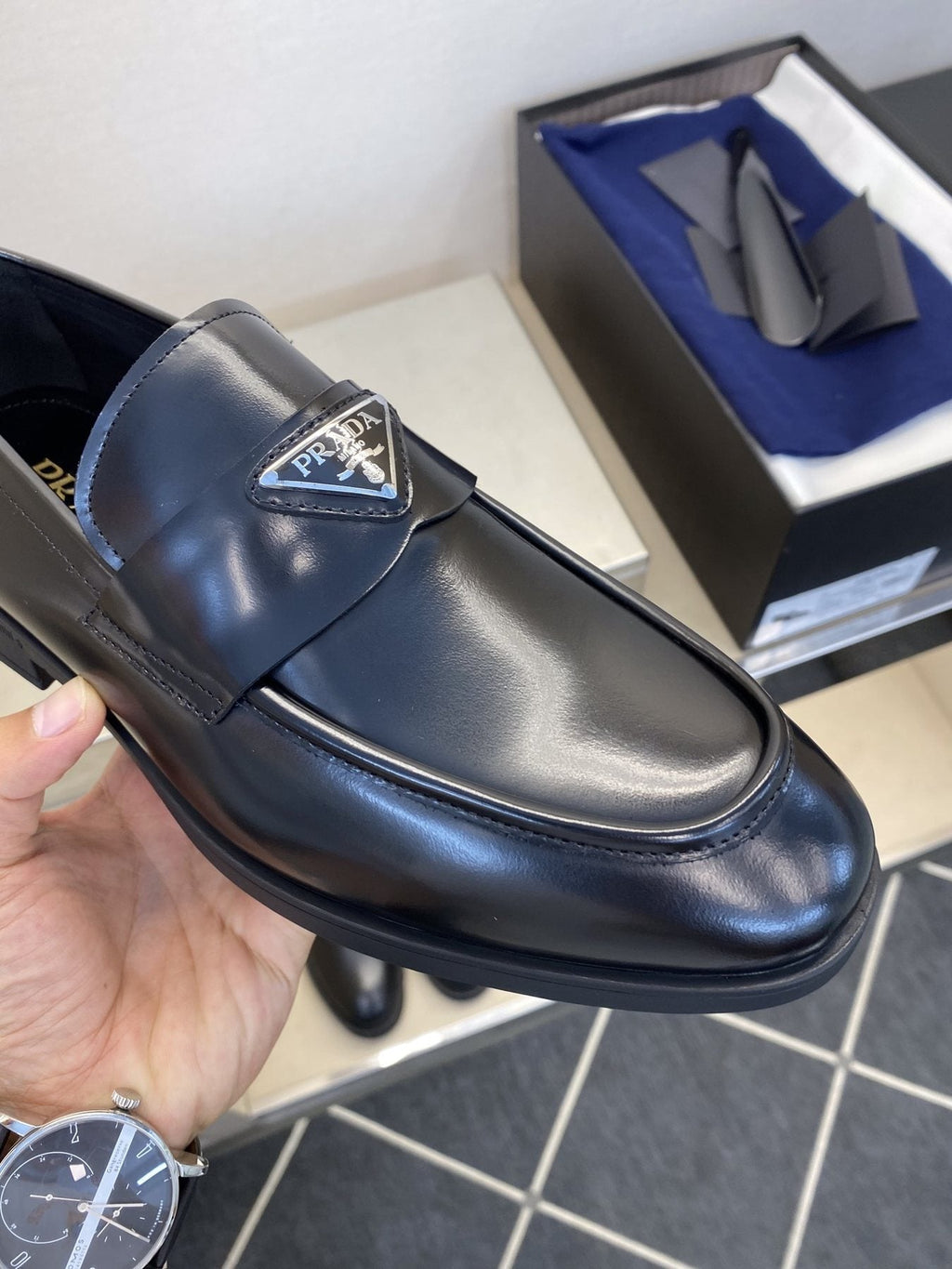 Prada Black Triangle Plaque Loafers