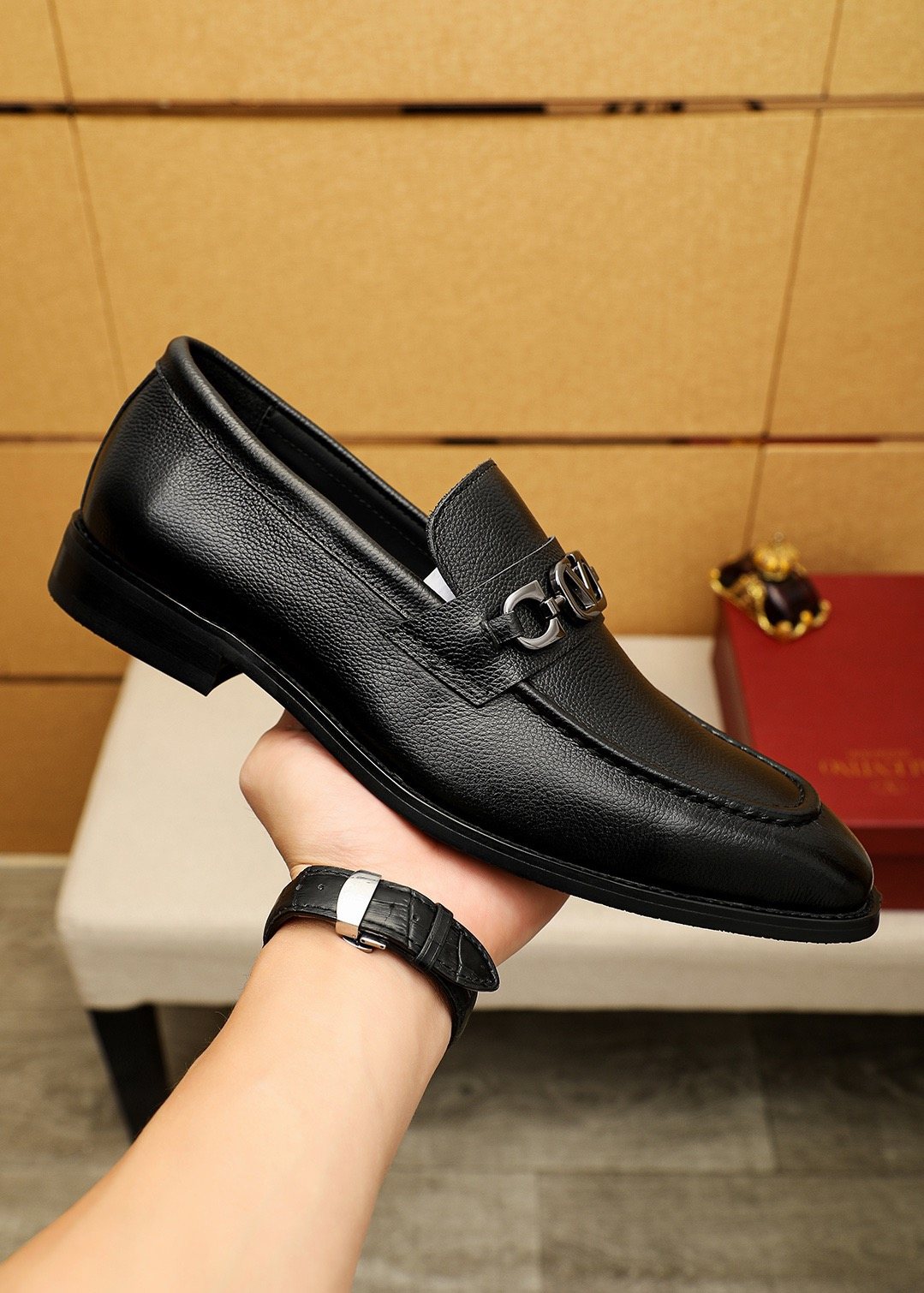 Valentino Black Metal-Hardware Loafers