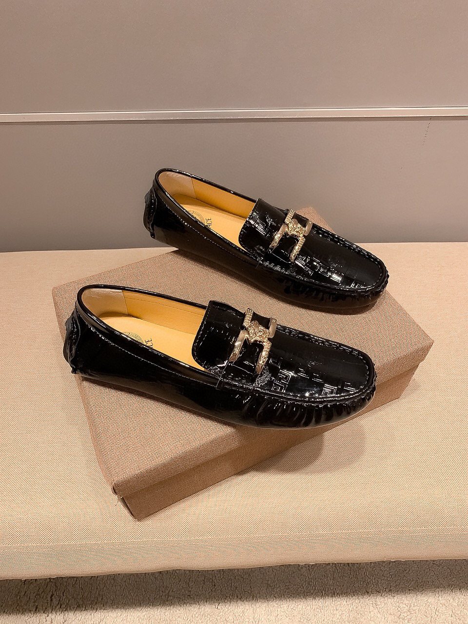 Versace Men's Black Medusa Loafers - Tan Leather Lining