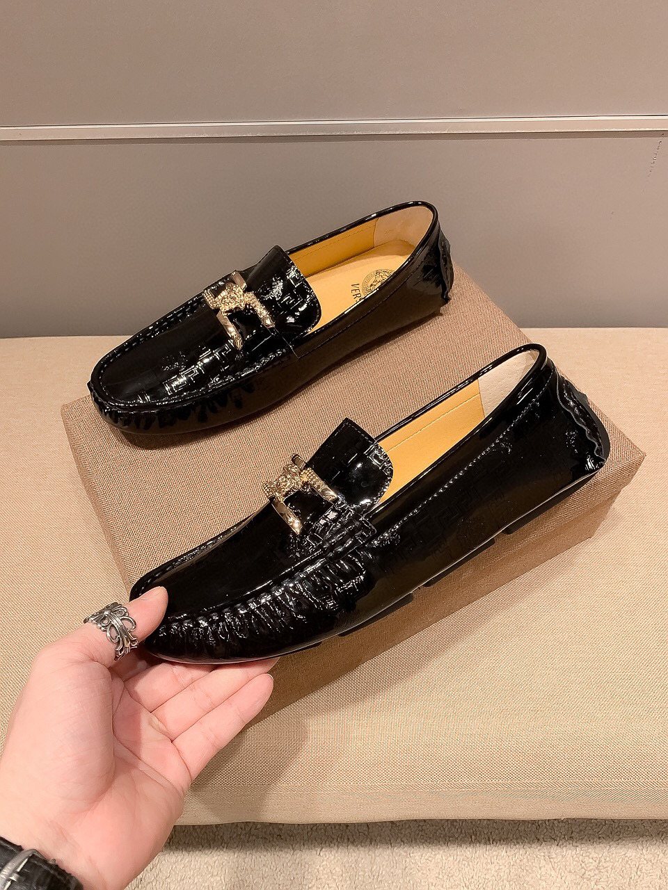 Versace Men's Black Medusa Loafers - Tan Leather Lining