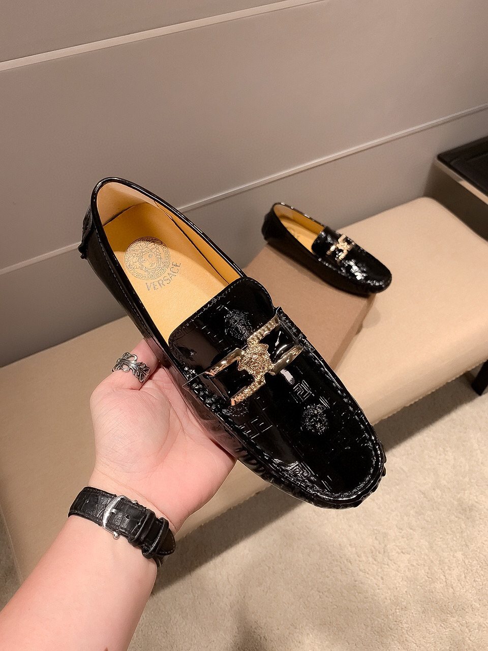 Versace Men's Black Medusa Loafers - Tan Leather Lining