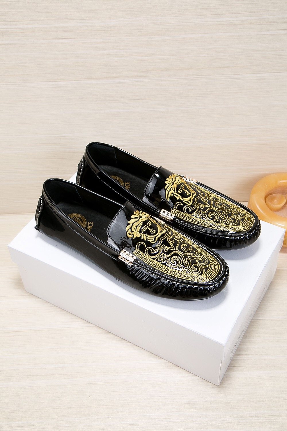 Versace Black Loafers with Gold Embroidery
