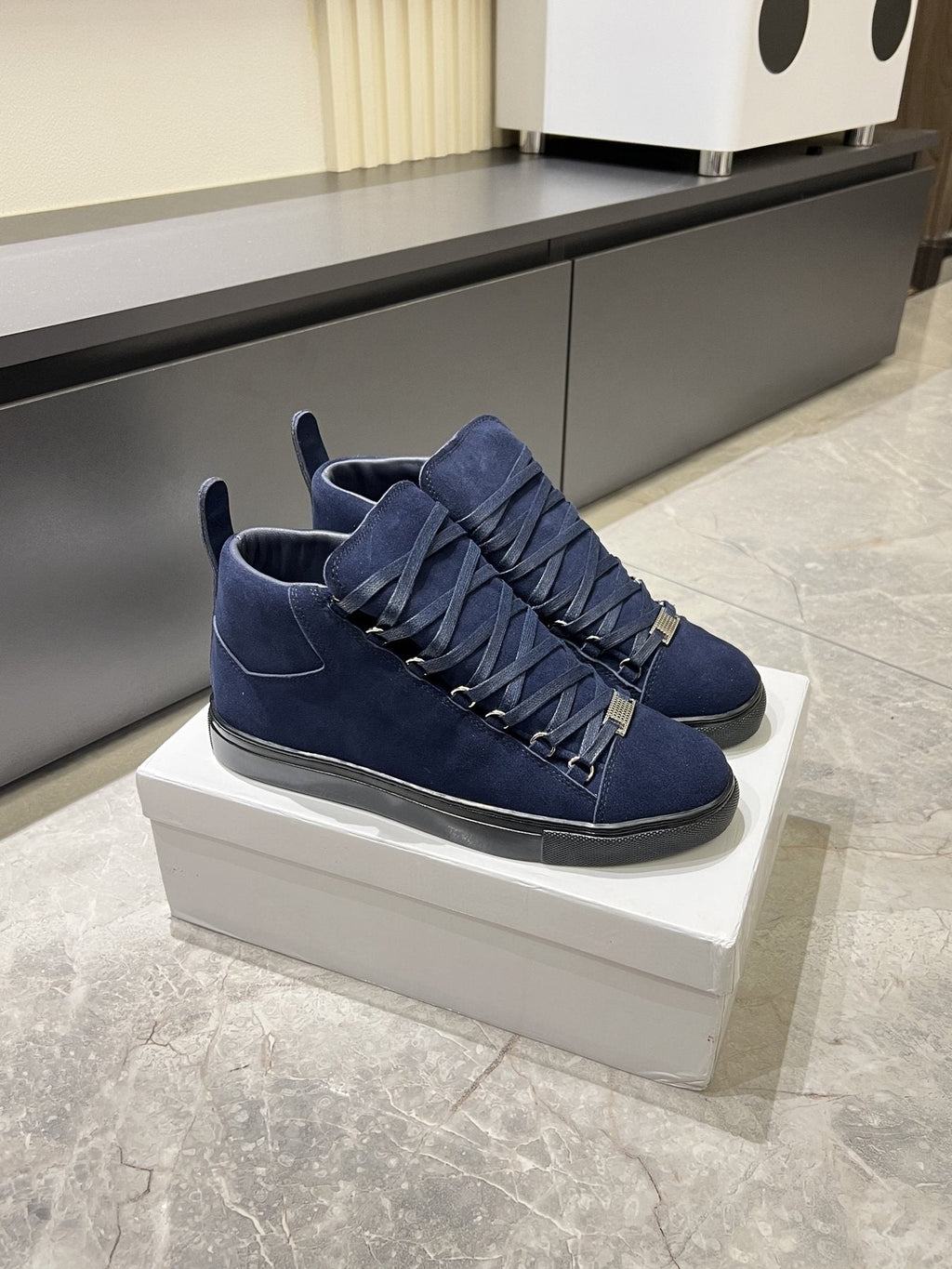 Balenciaga Navy Blue Lace-Up High-Top Sneakers