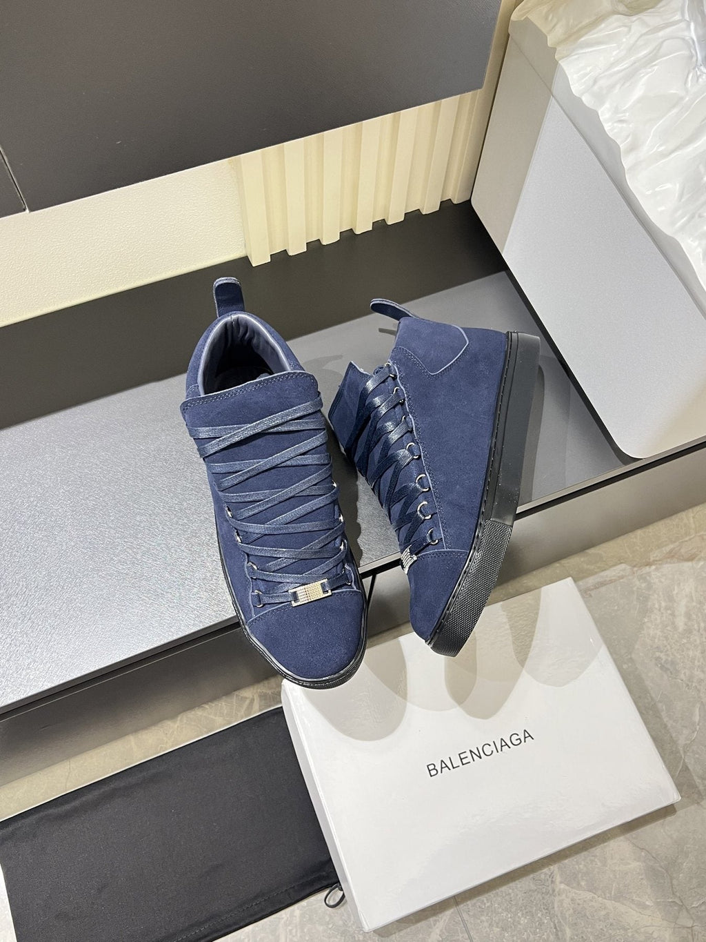 Balenciaga Navy Blue Lace-Up High-Top Sneakers